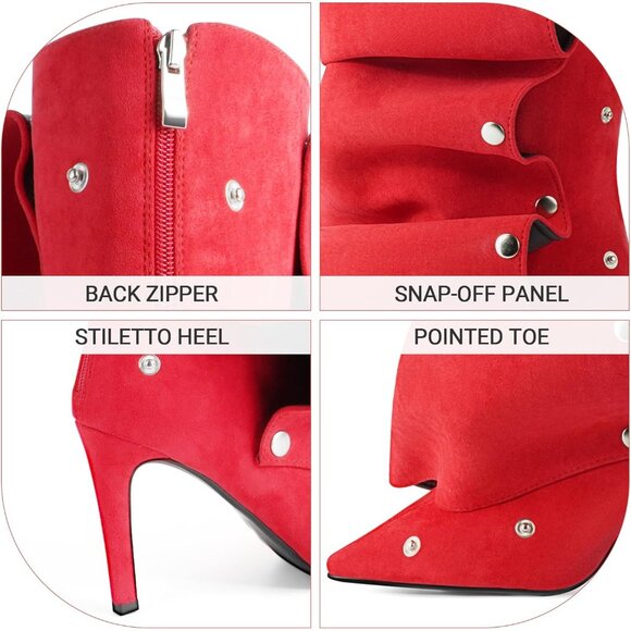 ⚡Women's Retro Red Knee High Shark Boots Pointed Toe High Heels Ruched Stiletto - Picture 7 of 7